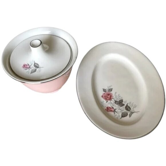 VTG Taylor Smith Taylor Pink Roses, BlueGray Leaves, Bowl w/Lid, Snack Tray 8.5” - Picture 15 of 15